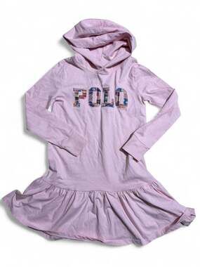 Girls Polo Ralph Lauren Pink Plaid Patchwork Logo Hooded Ruffle Hem Dress Size M